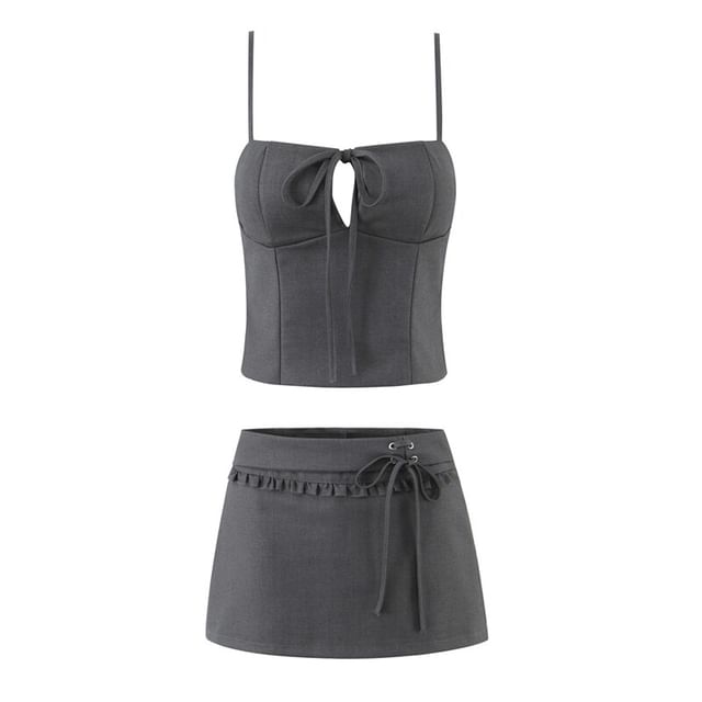 Keyhole Cutout Camisole and Ruffle Skirt Set