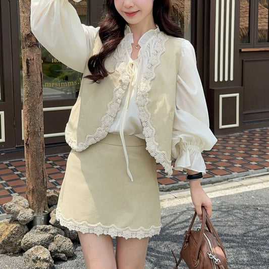 Ruffle Blouse and Lace Vest with Mini A-Line Skirt Set