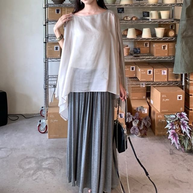 Boat Neck Off-Shoulder Top and Pleated Maxi Skirt Set - Altfashion Shop