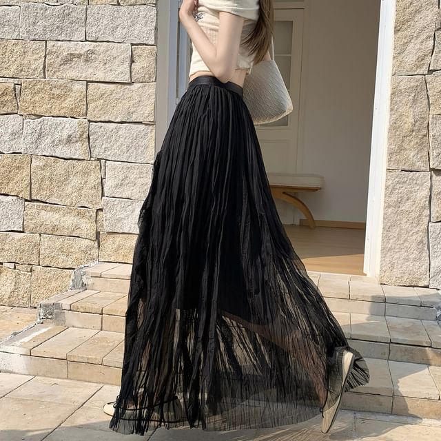 Black Pleated Maxi Skirt with Elastic Waist - Altfashion Shop