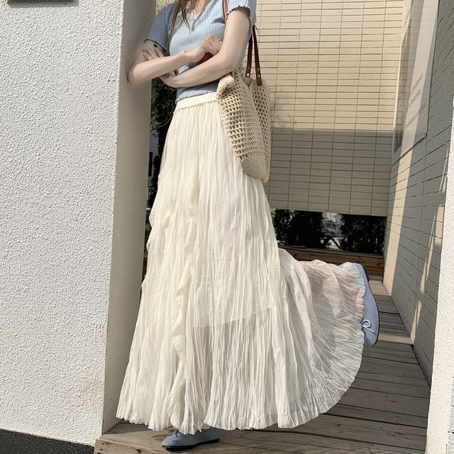 Black Pleated Maxi Skirt with Elastic Waist - Altfashion Shop