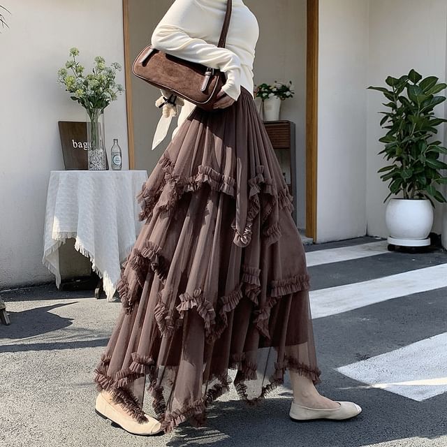 Tiered Maxi A-Line Skirt with Elastic Waist - Altfashion Shop