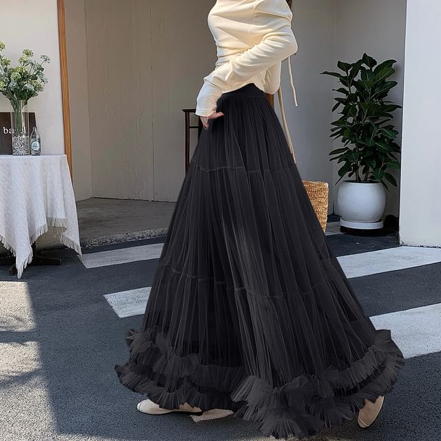 Sheer Ruffle Trim Maxi A-Line Skirt with Elastic Waist - Altfashion Shop