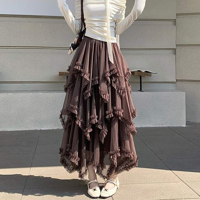 Tiered Maxi A-Line Skirt with Elastic Waist - Altfashion Shop