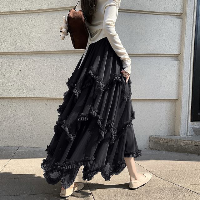 Tiered Maxi A-Line Skirt with Elastic Waist - Altfashion Shop