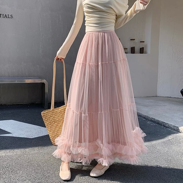 Sheer Ruffle Trim Maxi A-Line Skirt with Elastic Waist - Altfashion Shop