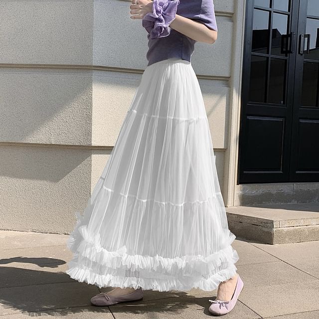 Sheer Ruffle Trim Maxi A-Line Skirt with Elastic Waist - Altfashion Shop