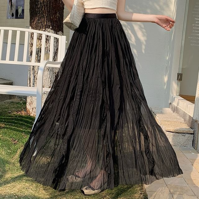 Black Pleated Maxi Skirt with Elastic Waist - Altfashion Shop