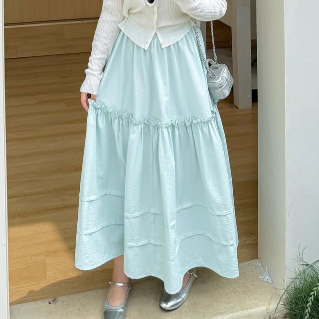 Plus Size Elastic Waist Frill Panel Maxi A-Line Skirt