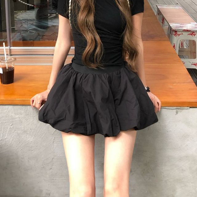 Ruched T-Shirt and Plaid Bubble Mini Skirt Set - Altfashion Shop