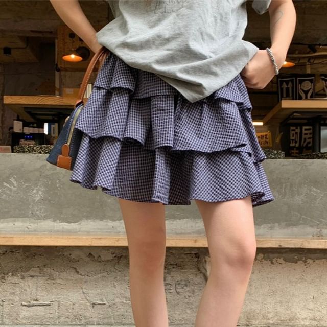 Mid Rise Plaid Mini Tiered Skirt - Altfashion Shop