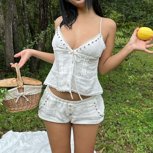 Studded Camisole with V-Neck and Matching Plain Shorts