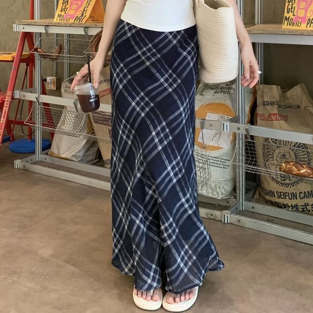 Mid Rise Plaid Maxi A-Line Skirt - Altfashion Shop