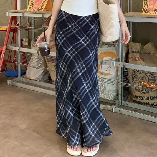 Mid Rise Plaid Maxi A-Line Skirt