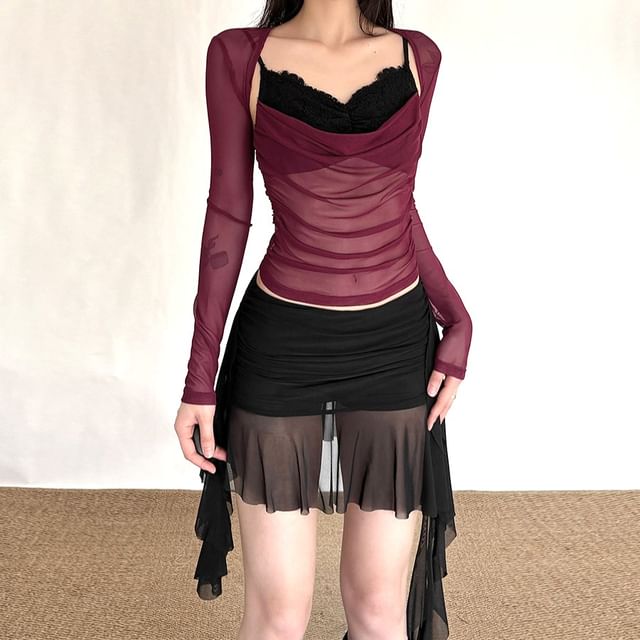 Two-Tone Mesh Camisole and Ruched Shrug Set with Skirt - Altfashion Shop