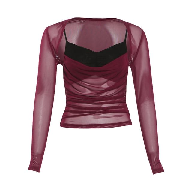 Two-Tone Mesh Camisole and Ruched Shrug Set with Skirt - Altfashion Shop