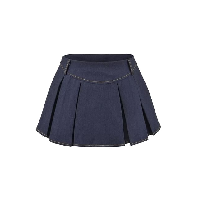 Low Waist Washed Mini Pleated Denim Skirt