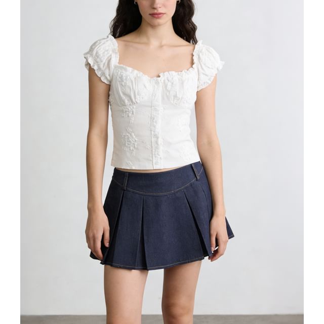 Low Waist Washed Mini Pleated Denim Skirt