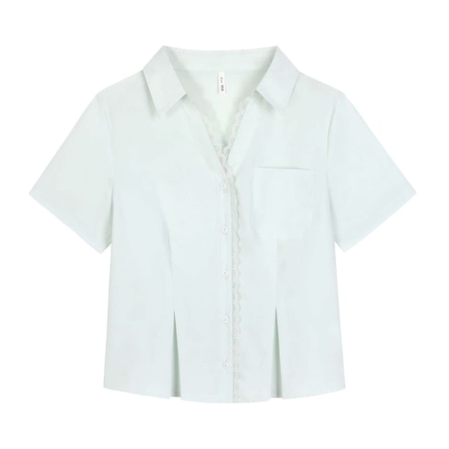 Lace Trim Collared Button Shirt - Plus Size