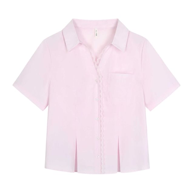 Lace Trim Collared Button Shirt - Plus Size