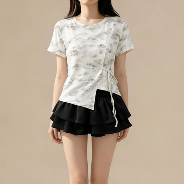 Tie Waist Tie-Dye Round Neck Tee - Short Sleeve