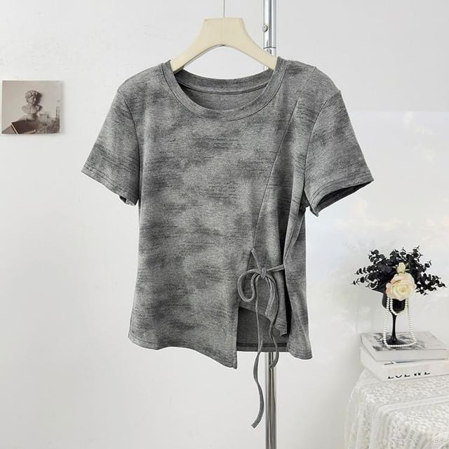 Tie Waist Tie-Dye Round Neck Tee - Short Sleeve