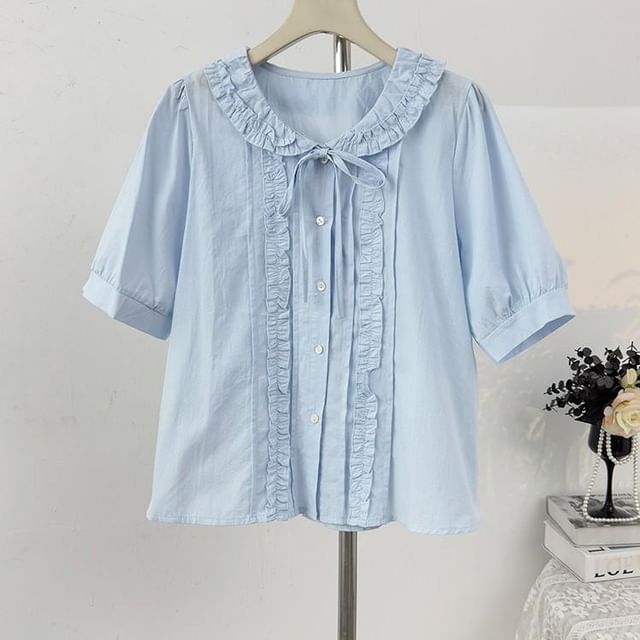 Collared Ruffle Front Button-Up Shirt - Short Sleeve