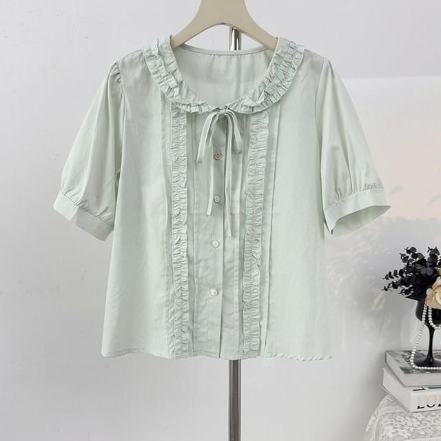 Collared Ruffle Front Button-Up Shirt - Short Sleeve