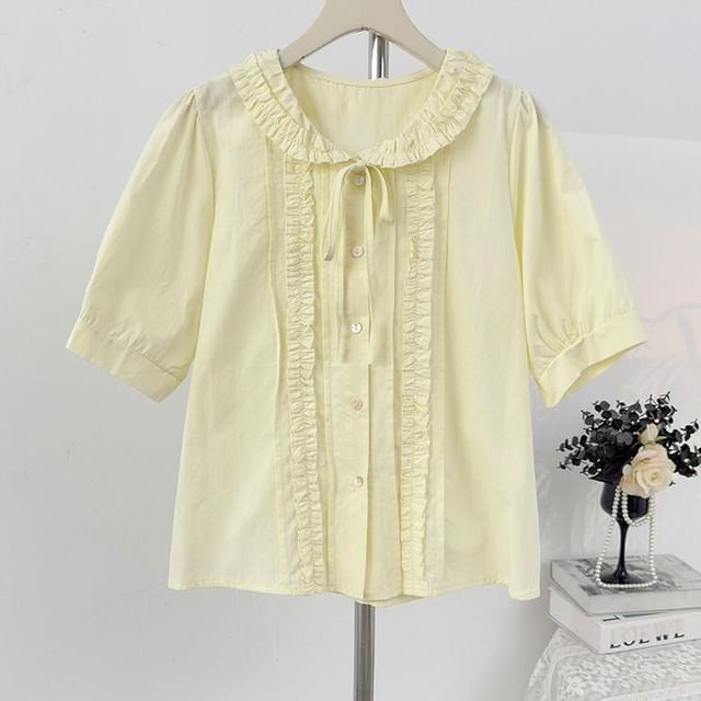 Collared Ruffle Front Button-Up Shirt - Short Sleeve