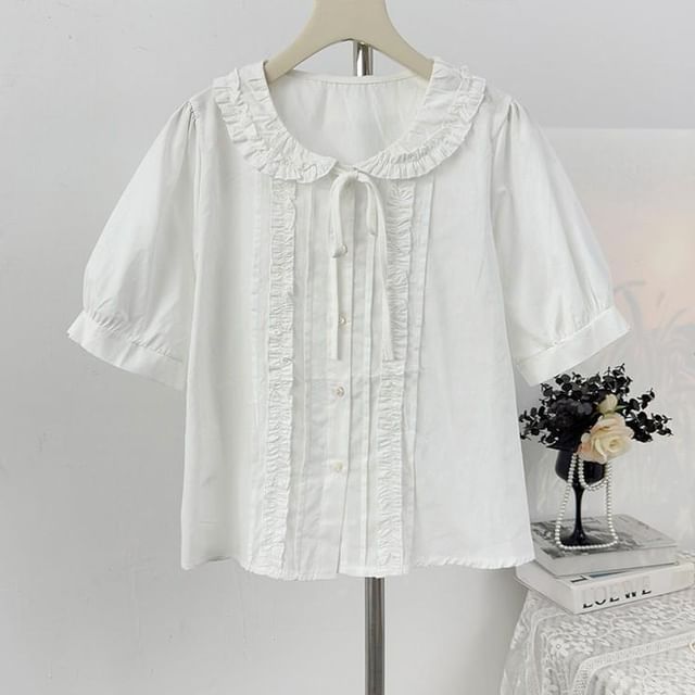 Collared Ruffle Front Button-Up Shirt - Short Sleeve