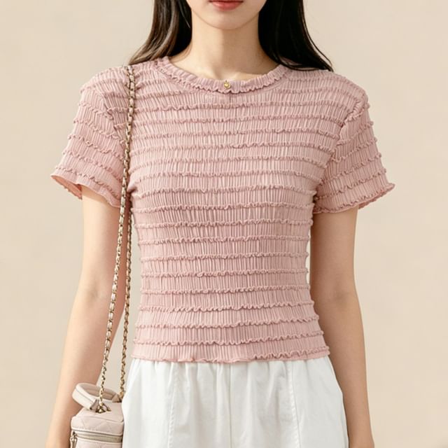 Ruffle Accent Crew Neck Top - Short Sleeve