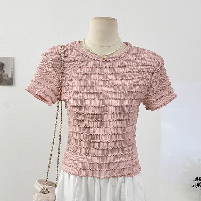 Ruffle Accent Crew Neck Top - Short Sleeve