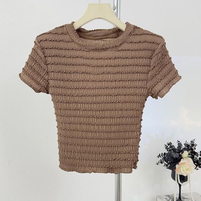 Ruffle Accent Crew Neck Top - Short Sleeve