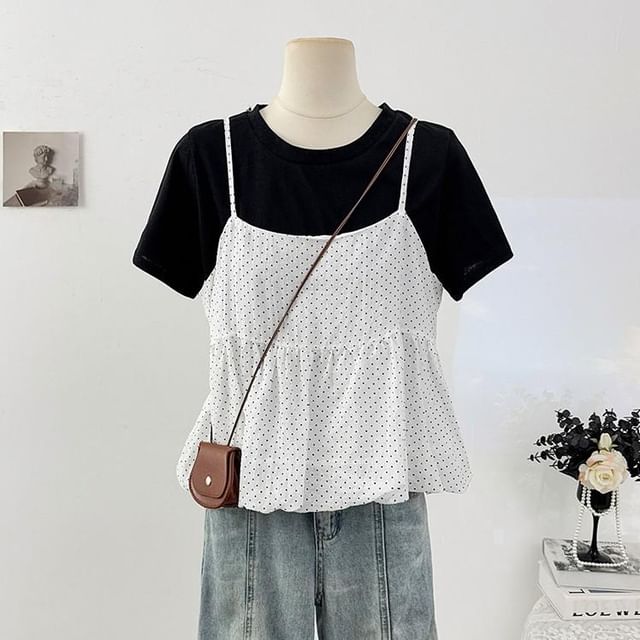 Dotted Camisole and Tee Set - Two Piece