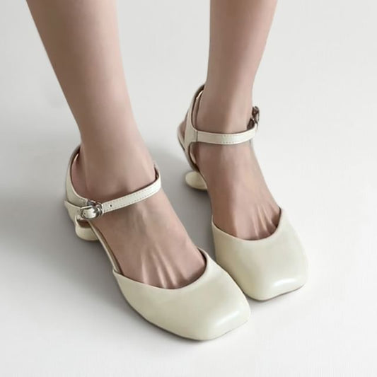 Square Toe Ankle Strap Kitten Heel Faux Leather Pumps