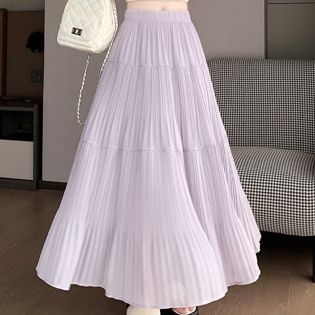 Pleated Maxi Skirt with Elastic Waist - Altfashion Shop