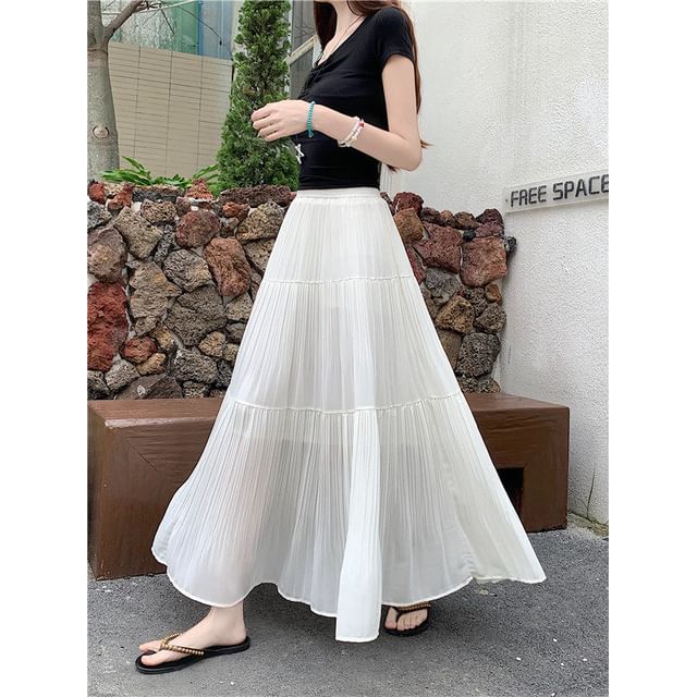 Pleated Maxi Skirt with Elastic Waist - Altfashion Shop