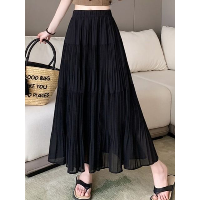 Pleated Maxi Skirt with Elastic Waist - Altfashion Shop
