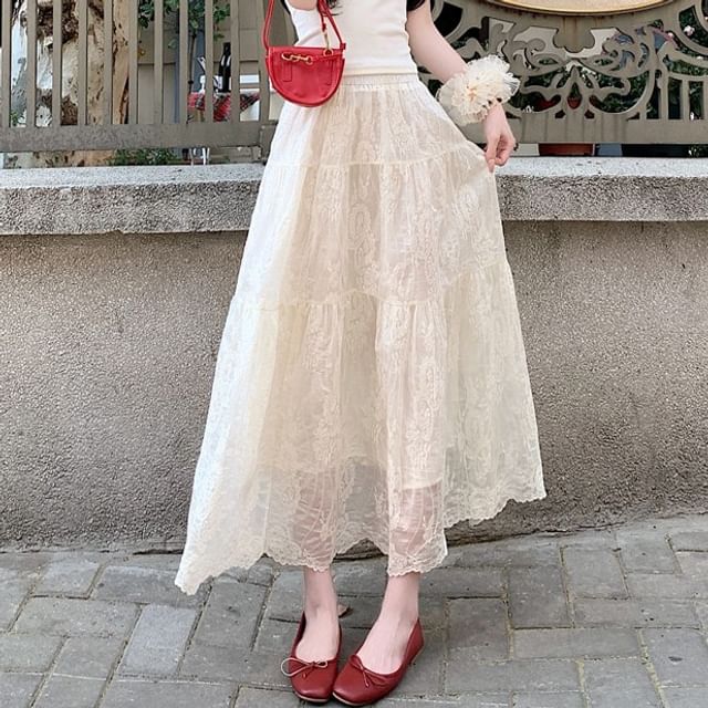 Lace Trim Maxi A-Line Skirt with Mid Rise - Altfashion Shop