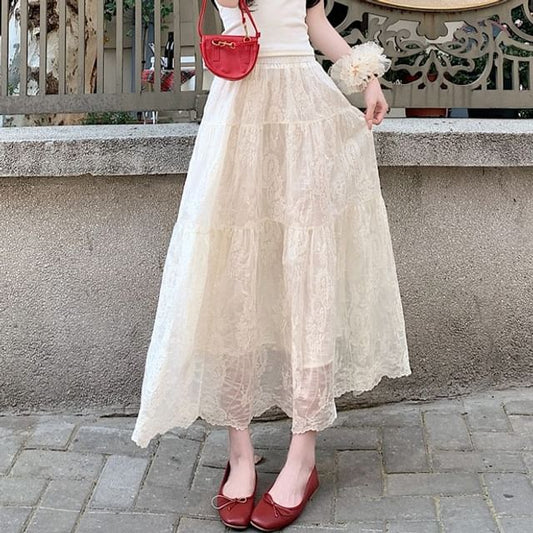 Lace Trim Maxi A-Line Skirt with Mid Rise