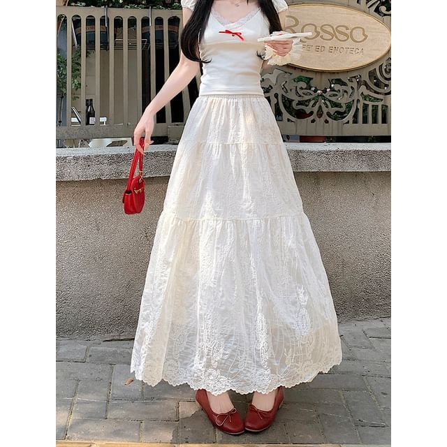 Lace Trim Maxi A-Line Skirt with Mid Rise - Altfashion Shop