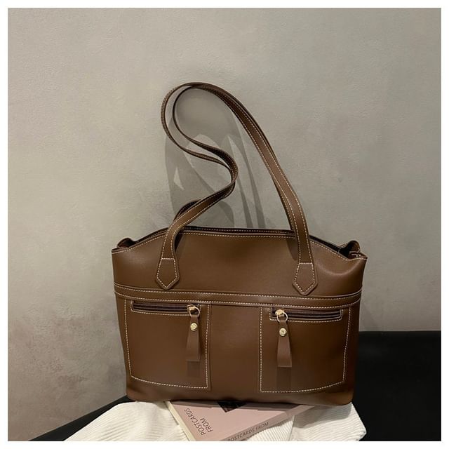 Faux Leather Contrast Stitched Shoulder Bag