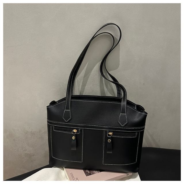 Faux Leather Contrast Stitched Shoulder Bag
