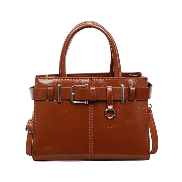 Faux Leather Buckled Top Handle Crossbody Bag
