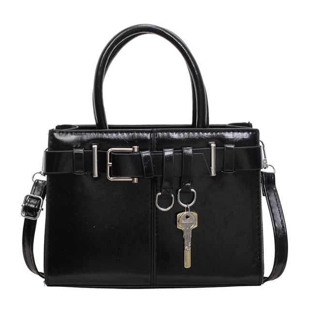 Faux Leather Buckled Top Handle Crossbody Bag