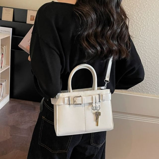Faux Leather Buckled Top Handle Crossbody Bag