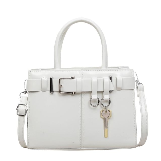 Faux Leather Buckled Top Handle Crossbody Bag