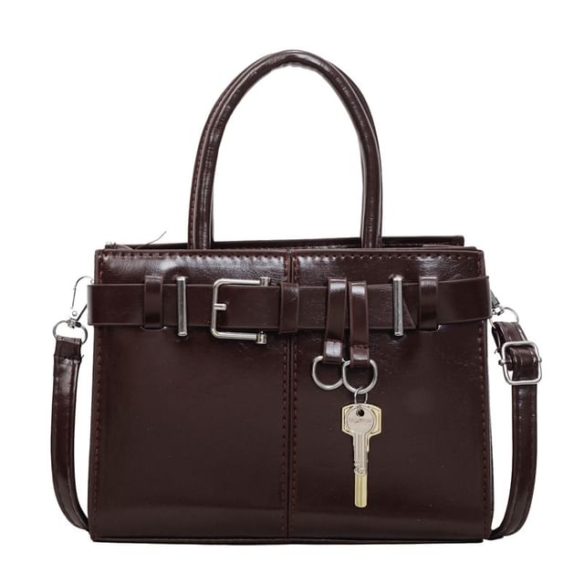 Faux Leather Buckled Top Handle Crossbody Bag