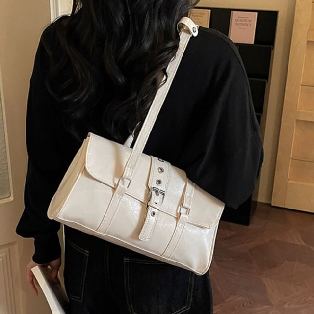 Faux Leather Buckled Flap Shoulder Bag