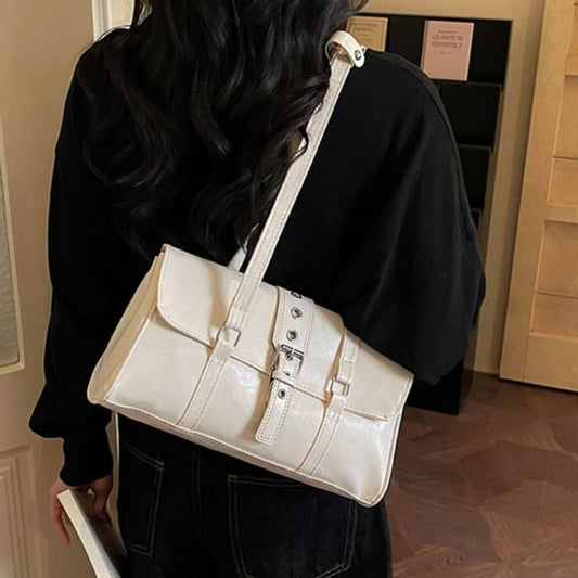 Faux Leather Buckled Flap Shoulder Bag